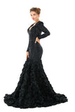 Long Sleeves V Neck Black Trumpet Mermaid Rose Sequin Prom Formal Dress