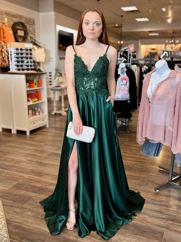 V Neck Hunter Green Lace Long Prom Dress with High Slit