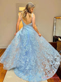 Lace A Line Long V Neck Light Blue Prom Dress