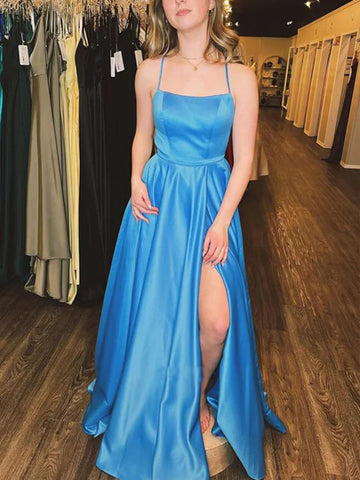 Satin A Line Light Blue Prom Dress With Slit