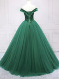 Off Shoulder Crystal Tulle Green Long Prom Dress