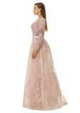 Luxury Champagne Beading Long Sleeve Sheer Detachable Train Prom Dress