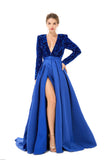 Royal Blue V Neck Sequin Bling Bling Satin A Line Prom Dress