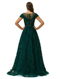 Green Cap Sleeves Scoop Lace A Line Detachable Train Prom Formal Dress