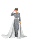 Silver Removable Train Long Sleeves Trumpet Mermaid Sparkle Sequin Prom Dress