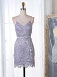 Lace Spaghetti Straps Short Grey Homecoming Dress with Sash