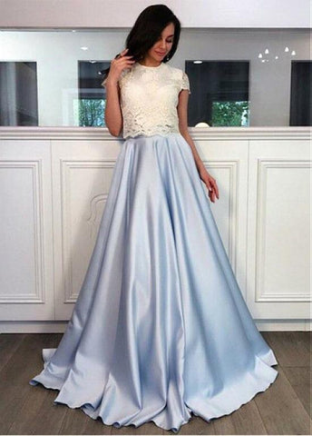 Satin Jewel Blue & White Two Piece  A-line Prom Dress