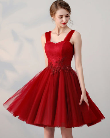 Red Appliques Beading Lace Straps Short Homecoming Dress