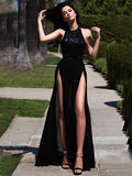 Black Scoop A-Line Sequins Split-Front Floor-Length Evening Dress