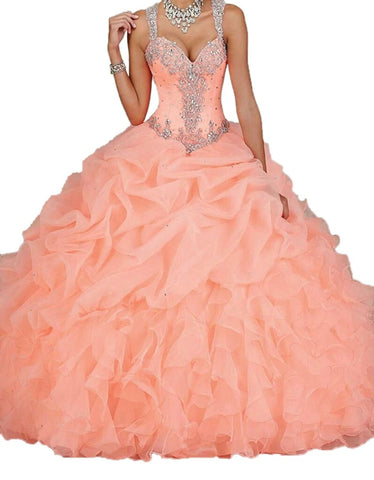 Spaghetti Beading Pearls Sheer Back Ball Gown Quinceanera Dress
