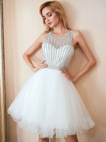 White Princess Tulle Beading Scoop Short/Mini Homecoming Dress