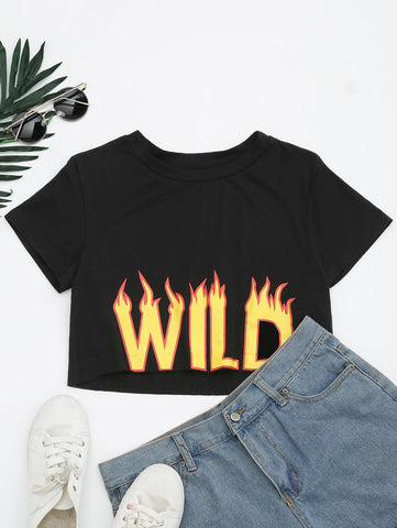 Black Cropped Fire Letter Top