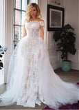Tulle Off-the-shoulder Detachable Skirt 2 In 1 Wedding Dresses With Lace Appliques