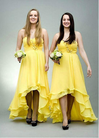 Alluring Chiffon Spaghetti Straps Neckline Hi-lo A-line Bridesmaid Dresses With Handmade Flowers