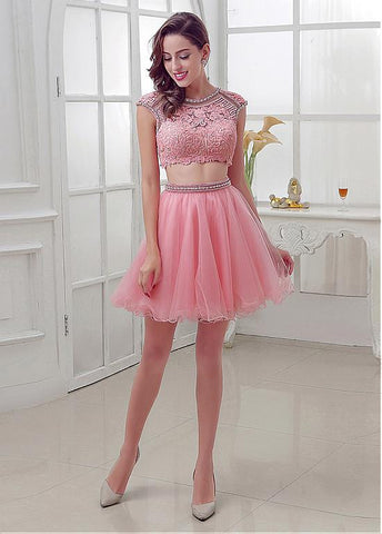 Chic Tulle Jewel Neckline A-Line Two-piece Homecoming Dresses With Lace Appliques