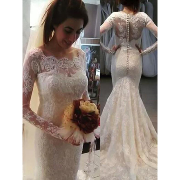 Trumpet/Mermaid Bateau Long Sleeves Applique Lace Wedding Dress US14 / White