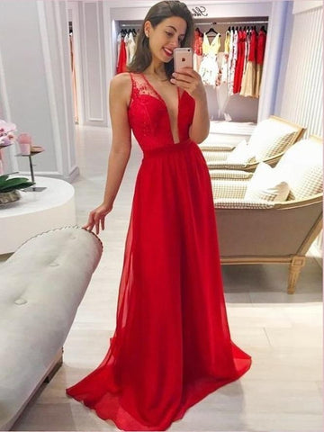  A-Line Sleeveless Deep V-Neck Red Floor Length Prom Dress with Lace