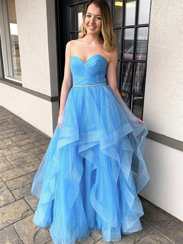 Tulle Light Blue Sequins Strapless Long Prom Dress