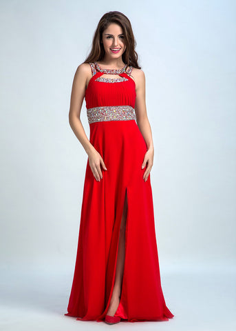 Attractive Chiffon Jewel Neckline Cut-out Back A-Line Prom Dresses With Beadings