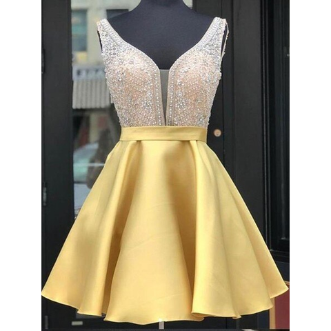 Satin Beading V-neck Gold Short Mini Homecoming Dress