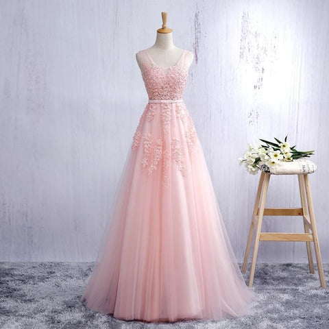Blush Pink tulle Lace Appliqued Long Prom Dress