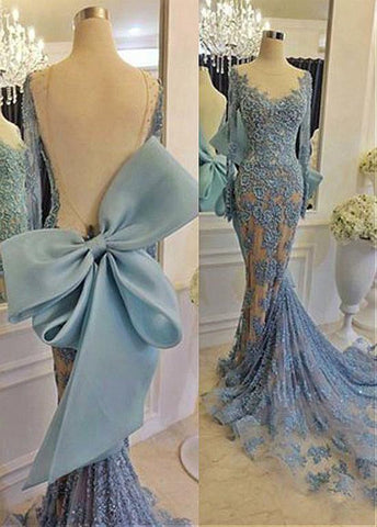 Jewel Neckline Mermaid Evening Dresses With Bowknot