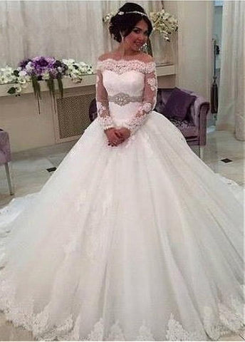 Off-the-shoulder Beading Long Sleeves Ball Gown Wedding Dress