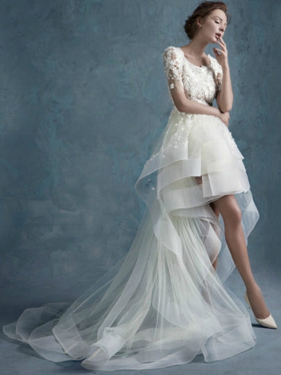 Short Sleeves Lace Beach Wedding Dress US6 / Ivory
