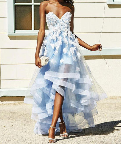 Blue Sweetheart High Low Lace Tulle Prom Dress
