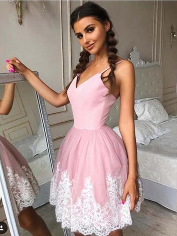 A Line V Neck Short Pink Lace Homecoming Dress