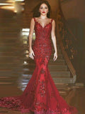 Trumpet/Mermaid Red Applique Tulle Prom Dress