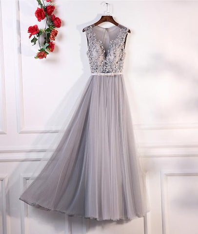 GRAY ROUND NECK LACE TULLE LONG PROM DRESS, GRAY EVENING DRESS