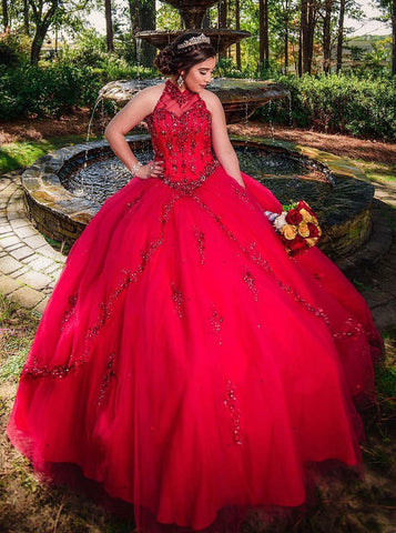 Lace-up Red Tulle Ball Gown High Neck Quinceanera Dress with Beading