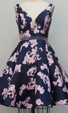 Pattern Print Satin V-neck Short Homecoming Dress 