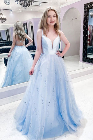 A Line Satin And Tulle Blue V Neck Backless Prom Dress
