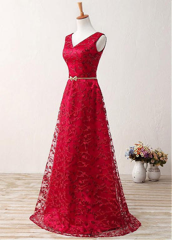 Red Fabulous Lace V-neck Neckline A-Line Prom Dresses