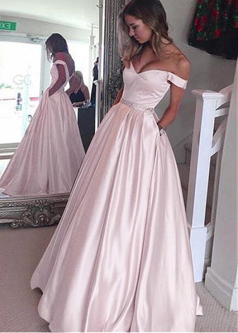 Satin Off-the-shoulder Prom Dresses With Pockets