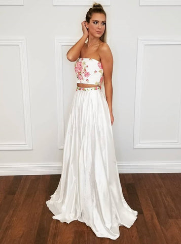Flower Two Piece Strapless Floor-Length White Prom Dress with Appliques