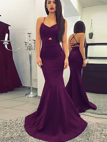Mermaid Spaghetti Straps Purple Ruched Satin Prom Dress