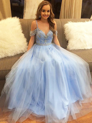 Off-the-Shoulder Blue Tulle Beading Prom Dress