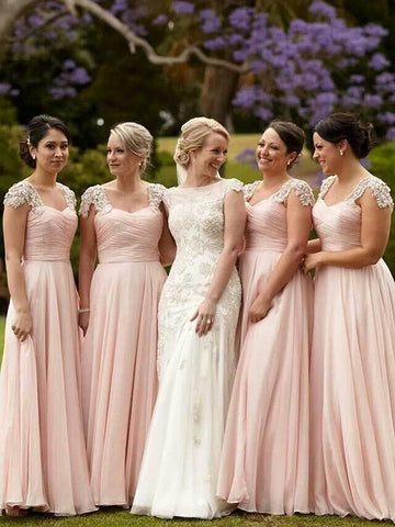 Pink Short Sleeves Square Beading Bridesmaid Dress