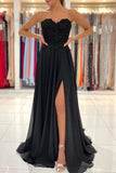 Black Beading Sweetheart Prom Dresses With Slit