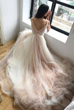 V Neck Tulle Ruching A Line Champagne Pink Wedding Dress