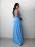 Blue Spandex Floor Length Spaghetti Straps Prom Dress With Slit