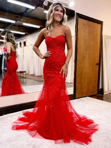 Strapless Mermaid Red Lace Appliques Long Prom Dress