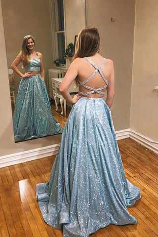 Blue Cross Back A Line Two Piece Sequin Halter Prom Dress