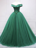 Off Shoulder Crystal Tulle Green Long Prom Dress