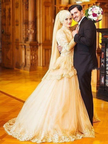  Long Sleeve Lace Ball Gown Court Train Muslim Wedding Dress