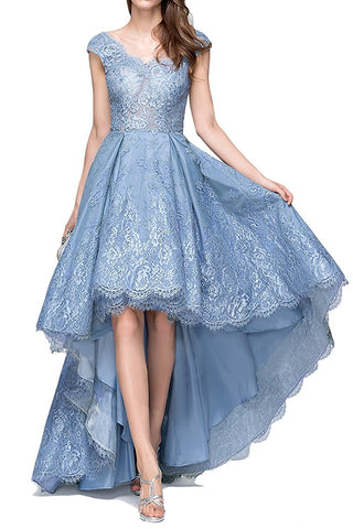Blue Lace High Low Prom Dress