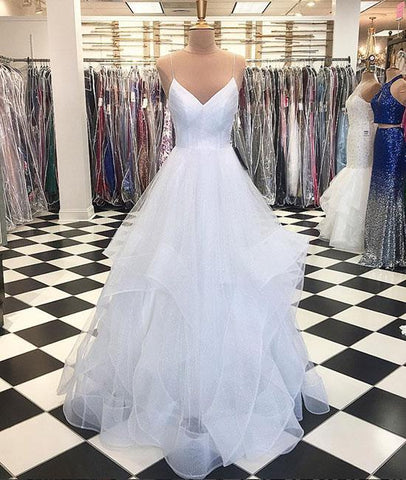 Ruffles White V Neck Tulle Long Prom Dress – Sassymyprom